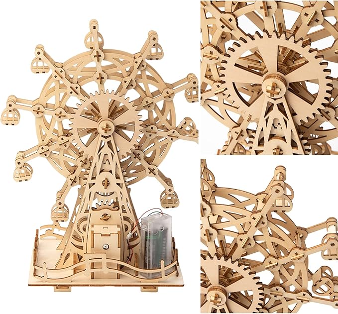 Solar 3D Wooden Puzzle Ferris Wheel DIY Model Kit Craft Sets Wood Mechanical Building Toys for Adult Men Age 14+ Years Old.