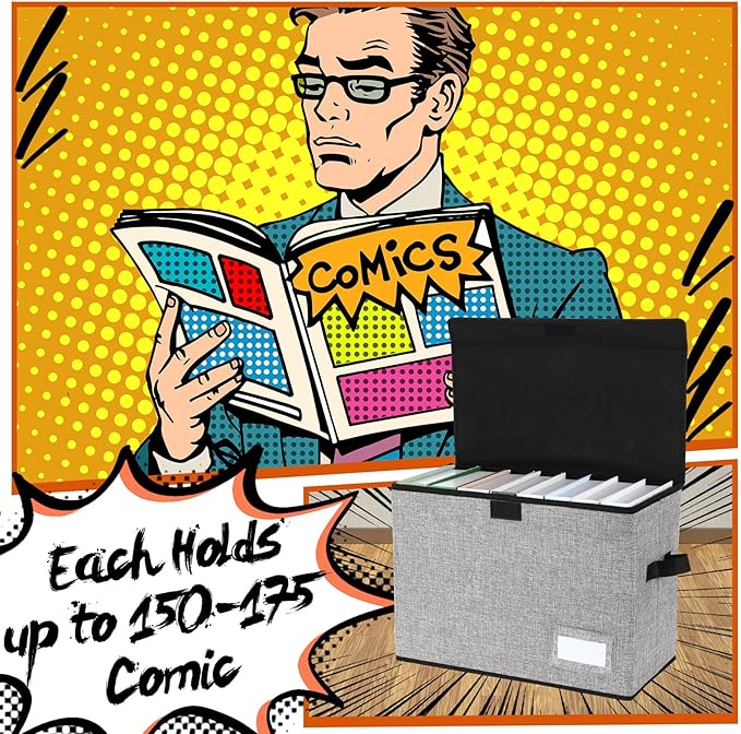 Chuangdi 6 Pcs Comic Book Storage Boxes, Back to School Collapsible Comic Short Box Case with Lid, 15.8 x 7.9 x 11.4 Inch Book Bin Container Holds 150 Comics(Gray)
