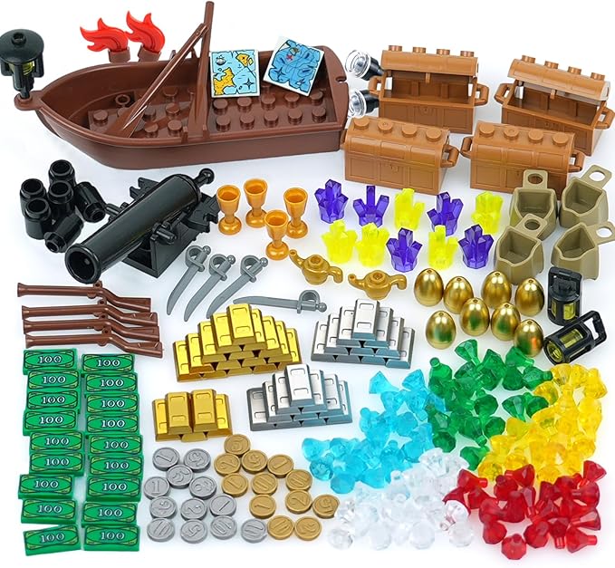 Money Pirate Ship Treasure Accessories, Bank Dollars Cannon Crystals Gems Coins Gold Bar Silver Map Cash Chest, City Friends People Weapons Bricks Parts and Pieces Building Blocks Toys