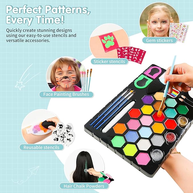 Face Painting Kit for Kids 24 Colors Water-Based Non-Toxic Face Paint Palette With Brushes&Stencils, Hair Chalk, Gems, Glitters, Crayon, Halloween Makeup Kit for Parties, Cosplay, Face Body Art