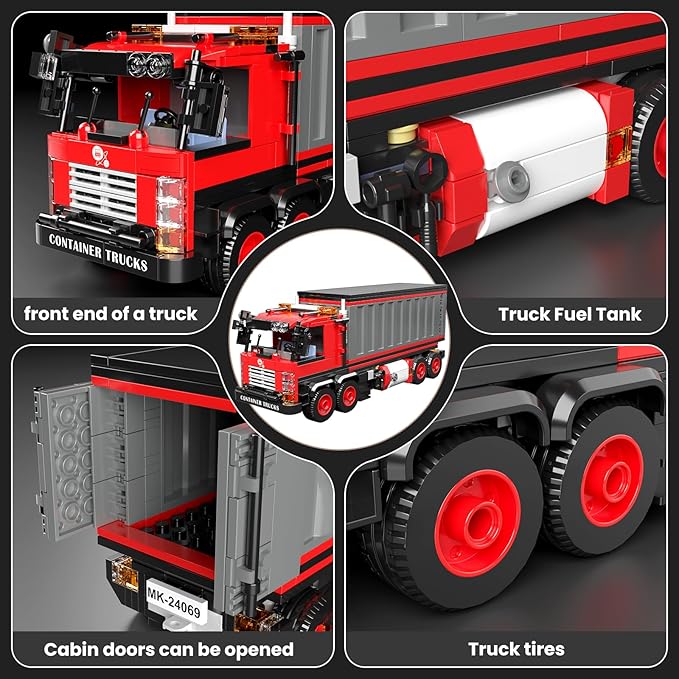 Mould King Red Container Truck Building Set, Toy Realistic American Style Trucks for Boys Aged 8+, 24069 Realistic Trailer Car Model with Detailed Interior, Collectible Blocks for Adults (630 Pieces)