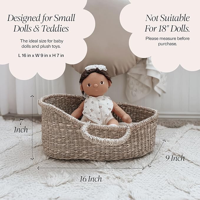 BEBE BASK Premium Baby Doll Bassinet - Handcrafted & Award-Winning Seagrass Moses Basket - Doll Carrier with Luxe Mattress