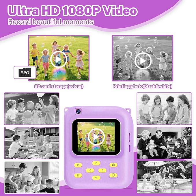 Instant Print Camera for Kids, 1080P Video Camera with 3 Print Rolls, 32GB Card & Cute Cover, Gift for Girls Boys Age 3-12, Toddler Digital Camera with Games, Filters, Music – Purple
