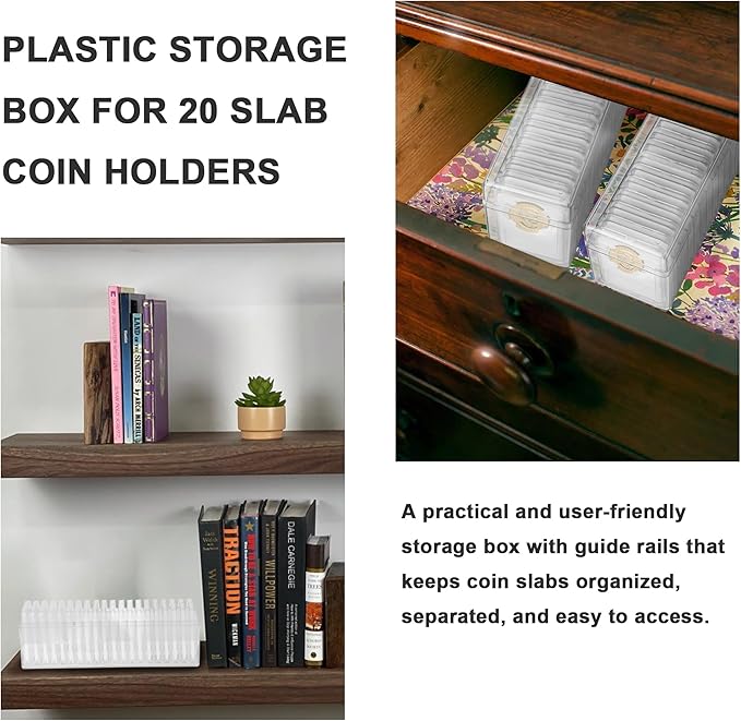 Plastic Coin Slab Storage Box – 20-Slot Coin Holder Organizer Case Fits for PCGS NGC PMG PCCB Slabs, Secure Coin Collection Box for Collectors, Home, Office, Bank Use (Box Only, Clear)