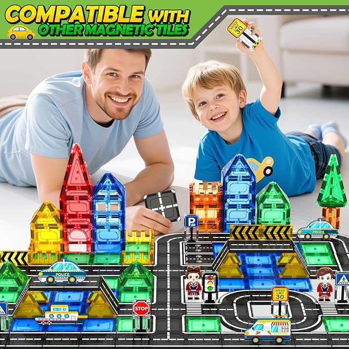 Magnetic Tiles Road Toddler Toys, Magnet Building Blocks for Kids Ages 3-5 4-8, STEM Learning Construction Toys Games, Ideal Gifts for 3+ Year Old Boys Girls