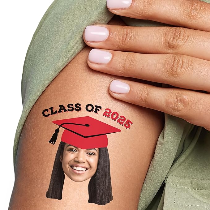 Big Dot of Happiness Custom Photo Red Grad Cap, Personalized Graduation Party Favors, Fun Face Temporary Tattoos, Set of 12