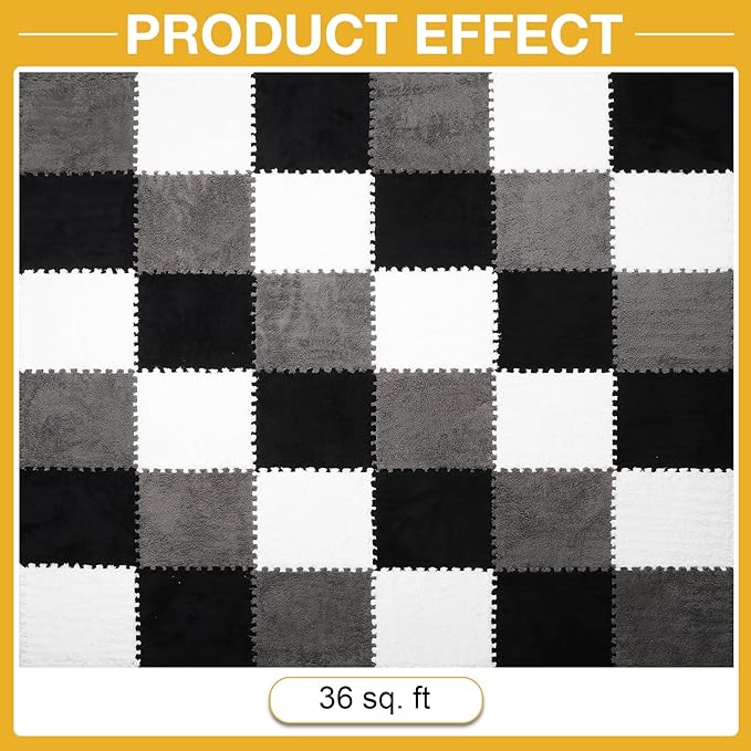 36 Pcs Plush Interlocking Carpet Tiles, Non-Toxic Foam Carpet Tiles for Toddler Baby, Machine-Washable, Anti-Slip, EVA Foam Interlocking Tiles for Floor, Nursery, Playroom, Grey White Black