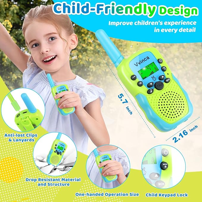 Vvinca Rechargeable Walkie Talkies for Kids 2 Pack, 5-7 Year Old Boy Toys Long Range 22 Channels 2 Way Kids Walkie Talkie with Flashlight for Camping Hiking Indoor Outdoor 3 4 5 6-12 Girl Boy Gift