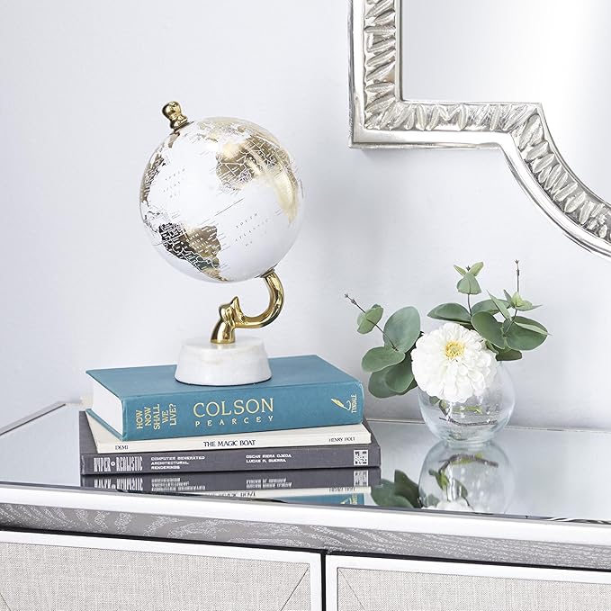 Deco 79 Aluminum Metal Globe with Marble Base, 6" x 6" x 11", Gold