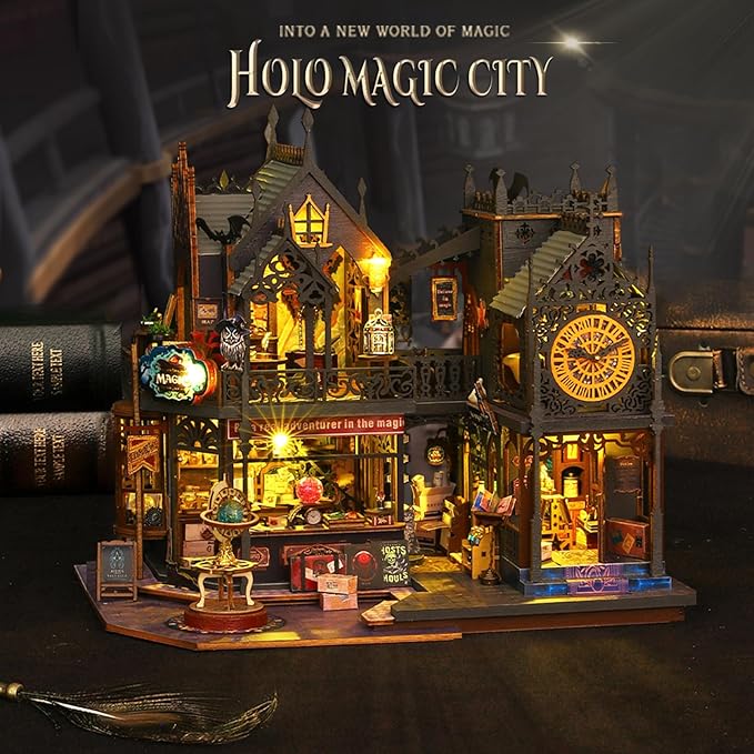 Miniature House Kit DIY Mini House Building Kit with LED Light, DIY Mini Dollhouse with Furniture Book Nook Kit, 3D Wooden Puzzle Wooden Bookend Shelf Insert Decro (Holo Magic City)
