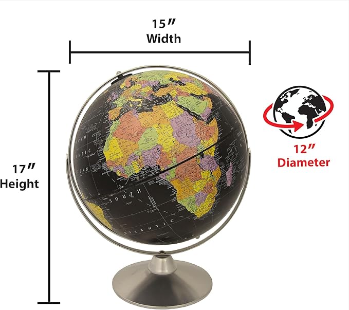 Replogle Starlight, Black Ocean World Globe, Desktop Piece, Gyro-matic meridian, Silver base, Detailed Cartography