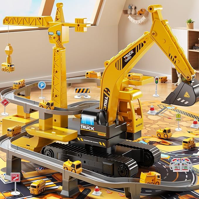 Construction Excavator Toys for Boys 3-5 Year Old - Engineering Digger Race Tracks with Excavator Crane, Car Sand Toys with Light Sound, Birthday Gifts for Toddlers Boys Girls Age 3 4 5 6