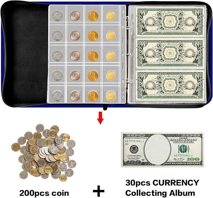 Coin Collection Book Holder for Collectors, 200 Pockets Coins Collecting Album & 30 Sleeves Paper Money Display Storage Case for Currency Collection Supplies (200+30 paper money binder)-Blue