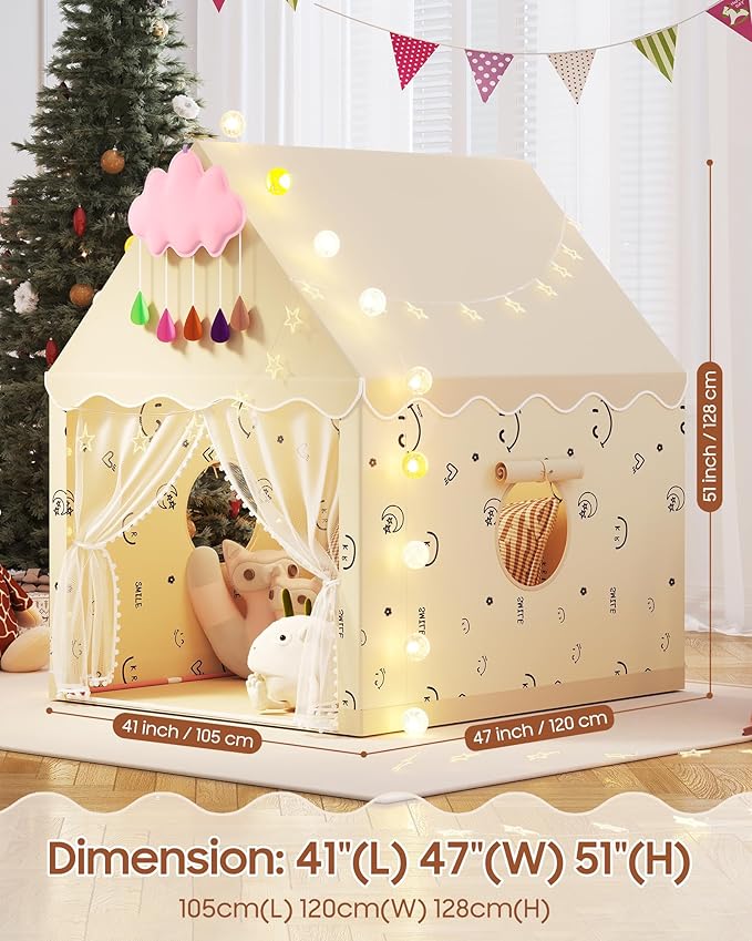 Kids Play Tent, Princess Tent Indoor Playhouse Set with Star Lights, Ball Lights, Colorful Flags, Butterflies, Clouds - Large Tents for Kids Toddle Castle for Girls Toy House Gift