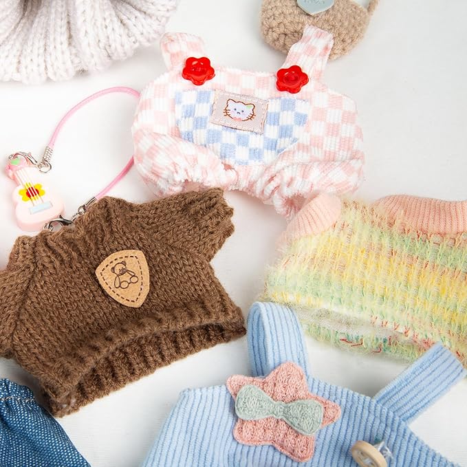 17cm Design Clothes for Labubu - Kawaii Chic Style Set for 17cm Dolls, Cute Doll Outfit with Accessories - Colorful T-Shirt + Star Light Blue Romper + Oatmeal Hat (Clothes Only)