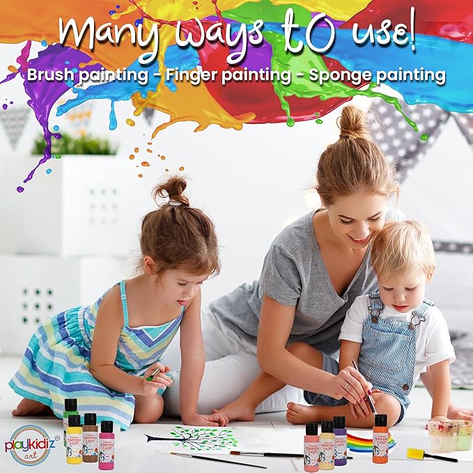 Washable Tempera Paints Set of 18 for children, Kids Non-Toxic Acrylic Paint, Kid Friendly, Kid Safe Paint Set, Includes Variety of Brushes, Color, Craft, Create and Party.