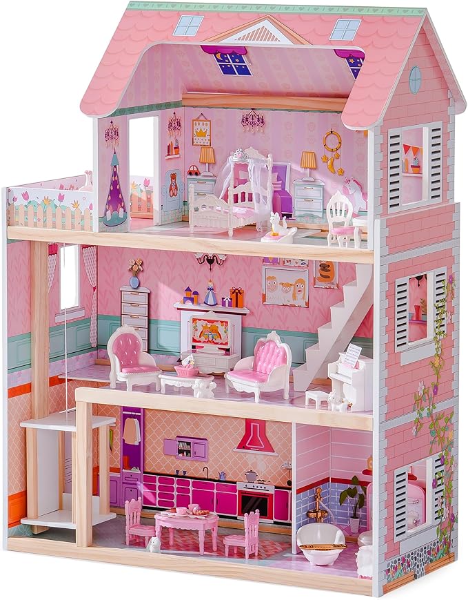ROBOTIME Wooden Dollhouse, Doll Houses Playset with 24 Pcs Furniture for 4, 5, 6-Inch Dolls, Dollhouse Gift for 3+ Year Old Girls (Pink)