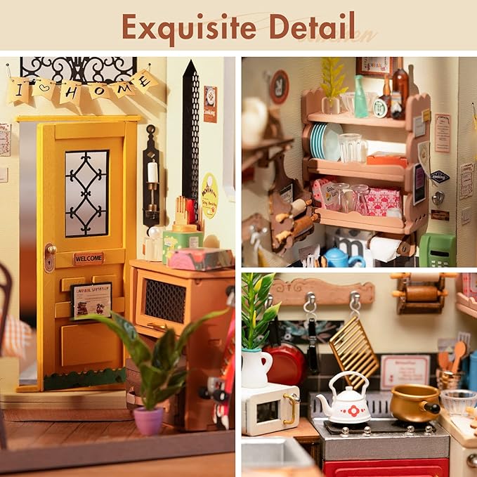 ROBOTIME Miniature House Kit DIY Mini Dollhouse with Furniture Tiny Room Kit with LED Light Hobby Wooden Craft Diorama Gift for Adults (Cozy Kitchen)