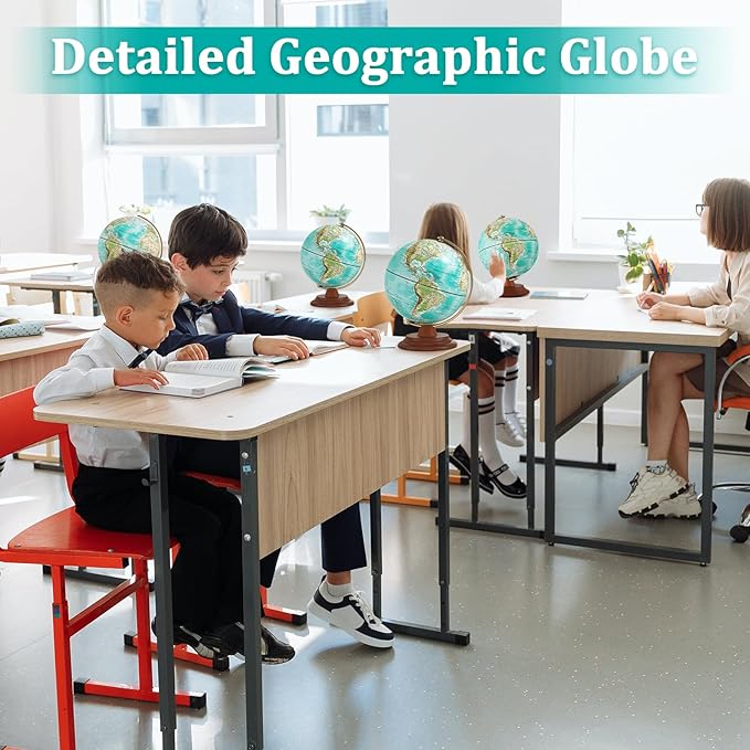 Illuminated Globe of the World with Wooden Stand, 8'' World Globe for Kids & Adults' Learning Built-in LED Night Light, Home Office Classroom Decor Geography Gifts(Elegant Turquoise)