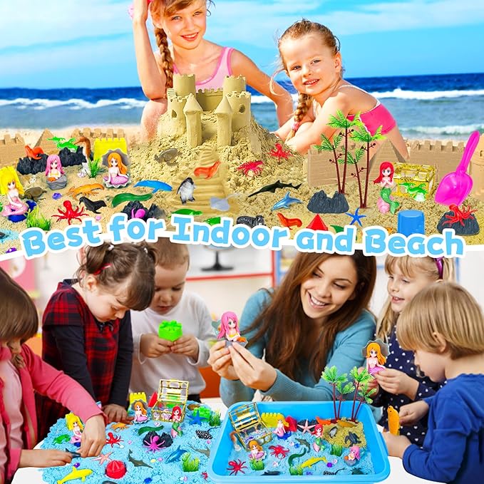 Ocean Sensory Bin, 57 Pcs Mermaid Sand Art Kit Castle Sea Animal Molds Sandbox Toys, Mermaid Play Sand Toy Sensory Playsand for Kids Toddlers, Birthday Gifts for Boys Girls Ages 3 4 5 6 7