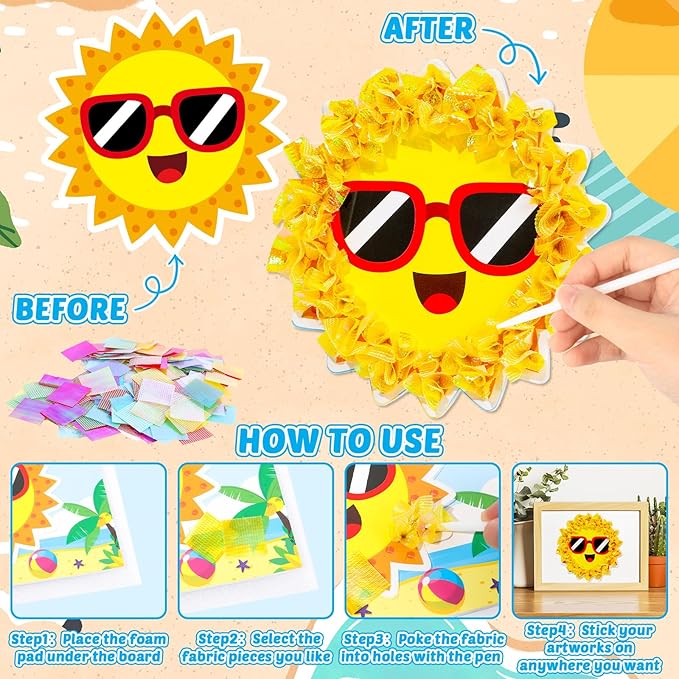 8PCS Poke-in Craft and Art Kit for Kids Summer Theme No-Mess Fabric Sewing Art Girls Boys 4-12 Puzzle Puncture Painting DIY Beach Hawaiian Toy Gift for Creative Activity Game Birthday Party