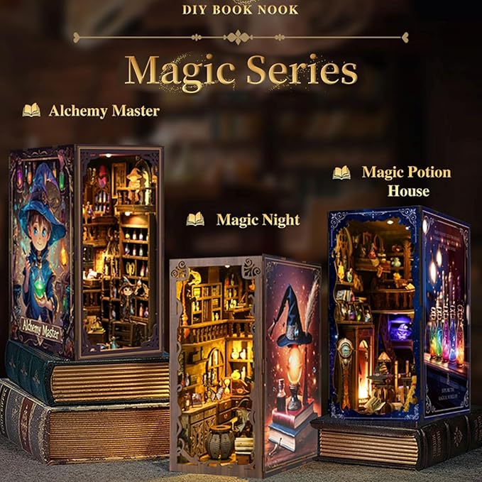 Book Nook Kit for Adults, DIY Miniature House Kit 3D Printed Booknook Wooden Puzzle Dollhouse Bookshelf Insert Decor DIY Craft Gift Model Build with LED Light for Book Lovers - Alchemy Master