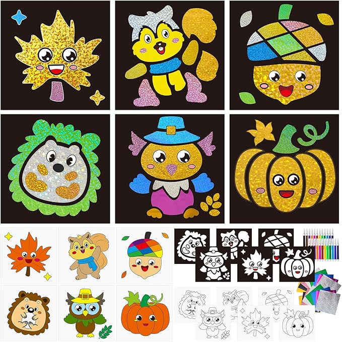 Cinrobiye 24 Set Fall Foil Art Craft Kits DIY Leaves Animals Painting Kits Art Paper Coloring Activity for Autumn Classroom Home Party Favors Thankgiving Birthday Goodie Bags Gifts Prizes (Fall)