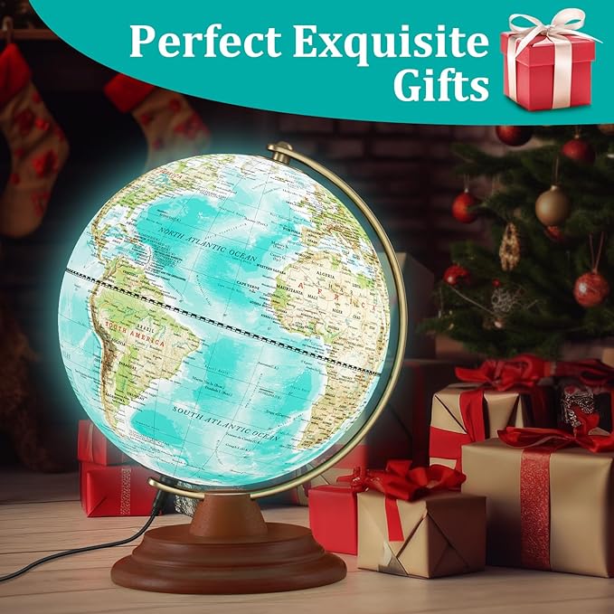 Illuminated Globe of the World with Wooden Stand, 8'' World Globe for Kids & Adults' Learning Built-in LED Night Light, Home Office Classroom Decor Geography Gifts(Elegant Turquoise)