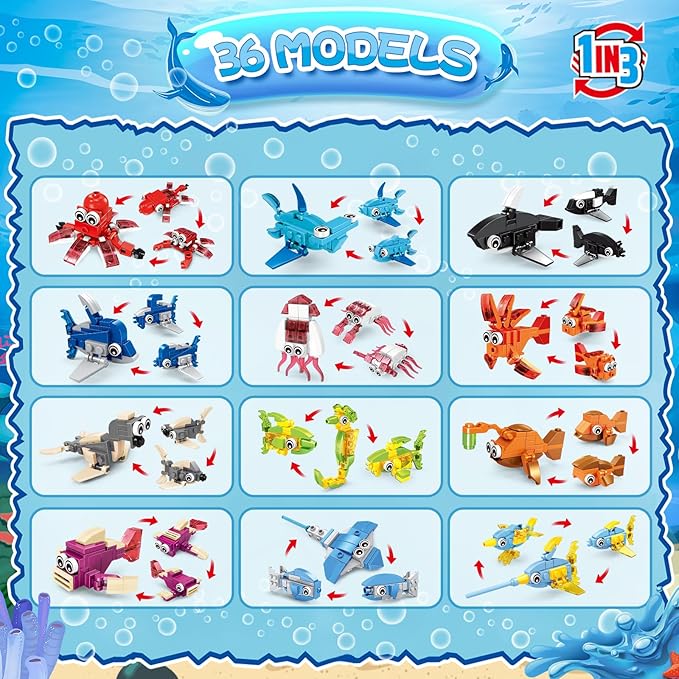 36 Packs Marine Animals Building Blocks Toy, Party Favors for Kids, 999PCS Building Set, Classroom Prizes, Goodie Bag Stocking Stuffers, Ideal for Boys and Girls Ages 6-12+
