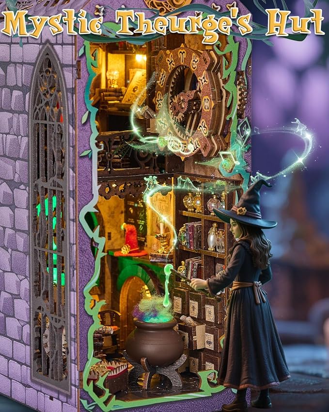 Book Nook Kit Mystic Theurge's Hut, DIY Booknook Kit for Adults Teens, 3D Wooden Puzzle Miniature House Kit with LED Lights, Bookshelf Decor Craft Gift for Family Friends