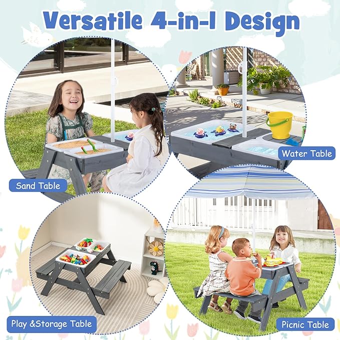 HONEY JOY Kids Picnic Table, 4 in 1 Cedar Wooden Sand & Water Table w/ 3 Removable Box & Umbrella, Kids Picnic Tables for Outdoors Backyard Garden, Toddler Patio Furniture Set for Boys Girls(Gray)
