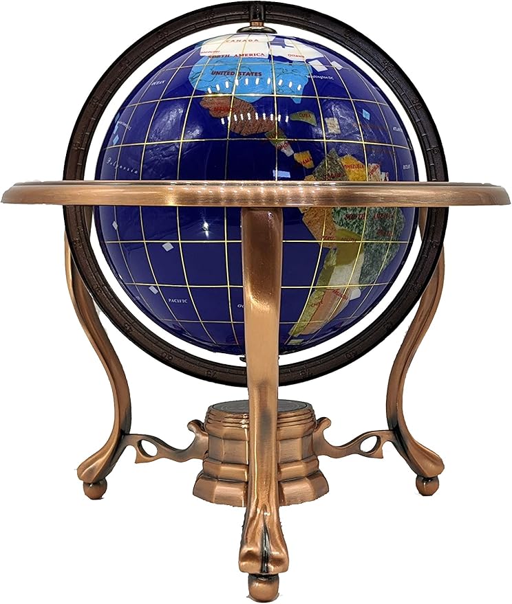 Unique Art 10-Inch Tall Table Top Blue Lapis Ocean Gemstone World Globe with Copper Tripod Stand (BLUE LAPIS)