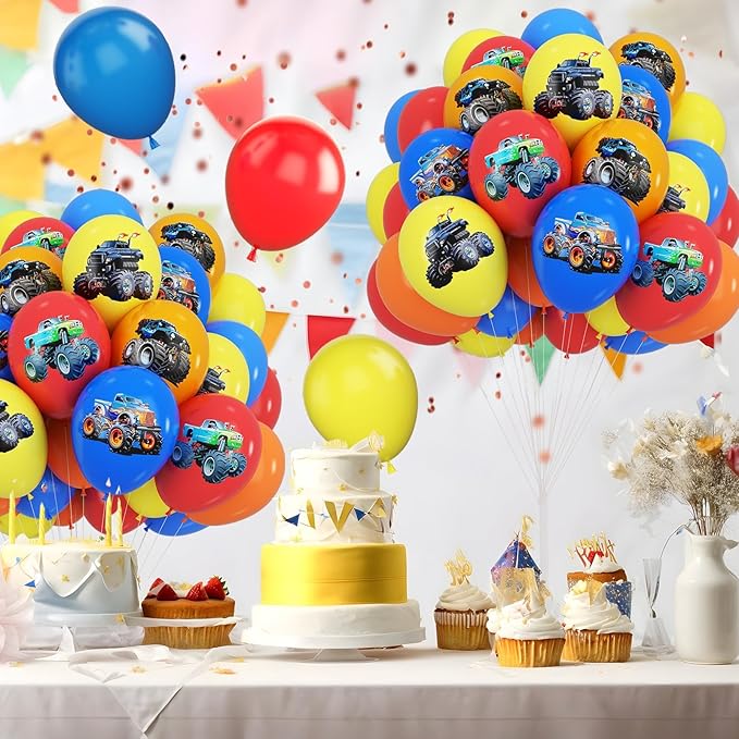 Monster Truck Balloons, 12 Inch Red Yellow Blue Orange Balloons Colorful Truck Theme Printed Latex Balloon Bouquet for Monster Truck Party Baby Shower Wedding Birthday Party Supplies