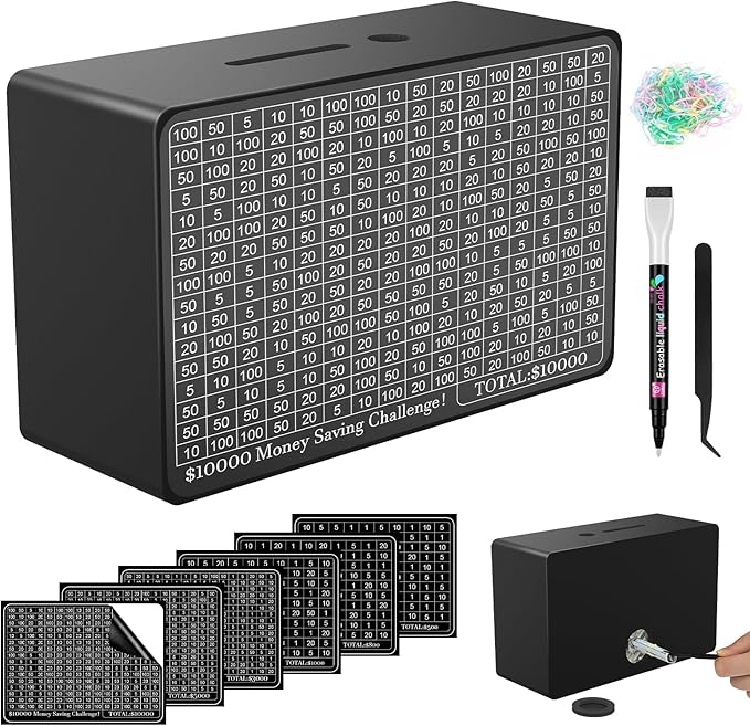 Wooden Money Saving Box, Cash Vault Savings Box for $10000 $5000 $3000 $1000 $800 $500 Target Money Saving Challenge, Reusable Money Box with Counter, Dry Erase Pen/Savings Trackers/Rubber Band-Black