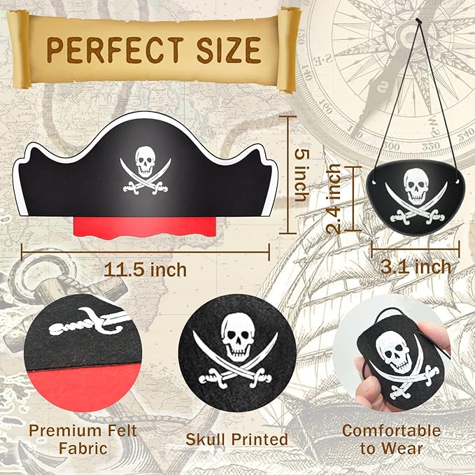 Legigo 72 Pcs Pirate Hat with Eye Mask - Classic Costume Cap Accessories for Pirate Party Cosplay Caribbean Dress, Black