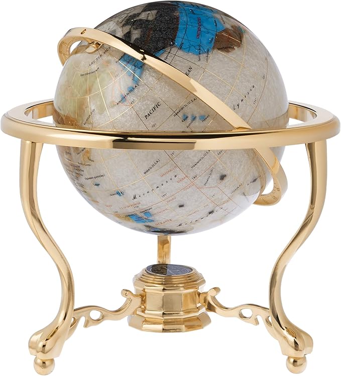 Uniquea Art 13-Inch Tall Pearl Ocean Table Top Gemstone World Globe with Gold Tripod