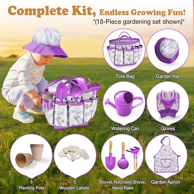 Kids Gardening Tool Set 18PCS Kids Toddler Gardening Set Includes Tote Bag Watering Can Apron Hat Rake Shovel Spoon Gloves Plant Pots and Labels, Outdoor Toys Gift for Boys Girls (Purple)