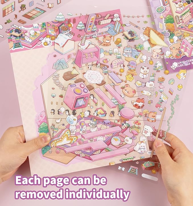 Sticker Book, 6 Sets DIY 3D House Stickers, Fun DIY Stickers Scene Make Your Own Mini House Cute Cartoon Animal Scene Sticker for Kids Adult Sticker Art Relief Stress Pass The Time