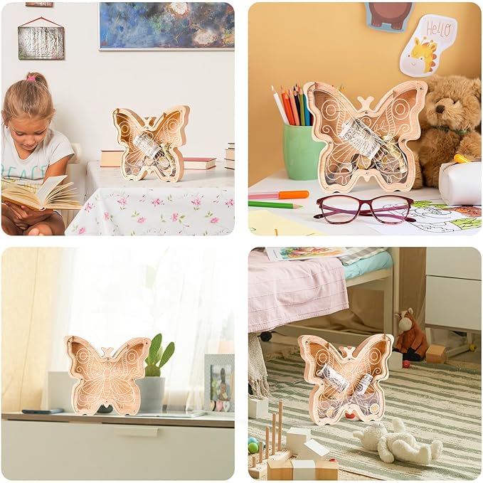 Wooden Butterfly Piggy Banks for Kids Money Coin Bank, Elegant Unbreakable Piggy Bank Kids Safe Money Box, Toddler Birthday Baptism Gifts for Girls Boys Butterfly Lovers, Small