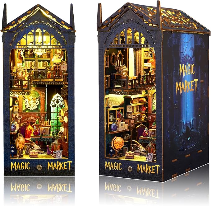 Magic Book Nook Kit, DIY Booknooks Kit for Adults Teens, Bookshelf Diorama Miniature House Kit Scenes Insert Decor with Sensor Light, 3D Wooden Puzzle Gifts for Boys Girls (Magic Market)