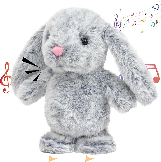 Hopearl Talking Singing Bunny Repeats What You Say Rabbit Walking Electric Interactive Animated Toy Speaking Plush Buddy Gifts for Toddlers, Gray, 9''