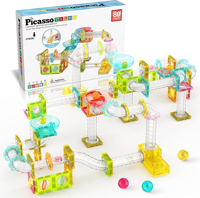 PicassoTiles Magnet Tile Building Block 80pc Marble Run Race Track Travel Size Pretend Play Toy With Launcher Lifter STEM Education Learning Magnetic Tiles Construction Kit School Boys Girls 3+ PTMG80