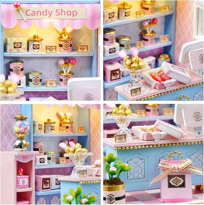 CUTEROOM DIY Doll House Miniature Furniture Wooden House Kit with Dust Cover & LED Light and Accessories - New Three Styles QT Series Dollhouse (QT045)