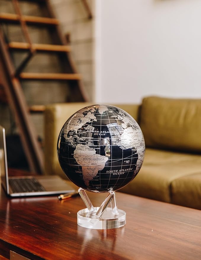 MOVA Globe – Metallic Black and Silver 4.5” | Solar-Powered Rotating Desk Globe with Minimalist Map Design | No Batteries or Cords | Modern Decor Gift
