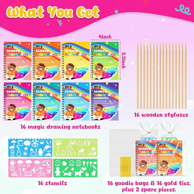 LovesTown Scratch Art Party Favors for Kids, 16 Pack Rainbow Magic Drawing Notebooks Bulk for Birthday Classroom Prizes, Kids Craft School Supplies