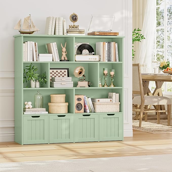 FINETONES Toy Storage Organizer, Kids Bookshelf with 4 Movable Chests and 7 Storage Cubes, Toy Chest Storage with Hidden Wheels, Toy Organizers and Toy Storage, Green