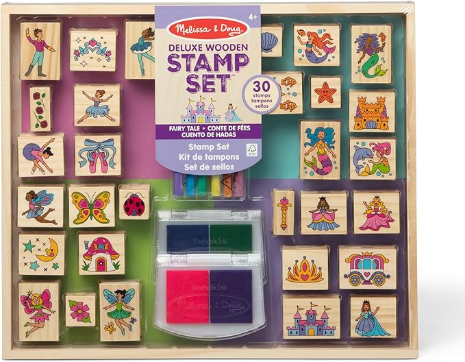 Melissa & Doug Deluxe Wooden Stamp and Coloring Set – Fairy Tale (30 Stamps, 6 Markers, 2 Durable 2-Color Stamp Pads) Fairy Tale-Themed Wooden Stamps for Kids and Coloring Activity Set