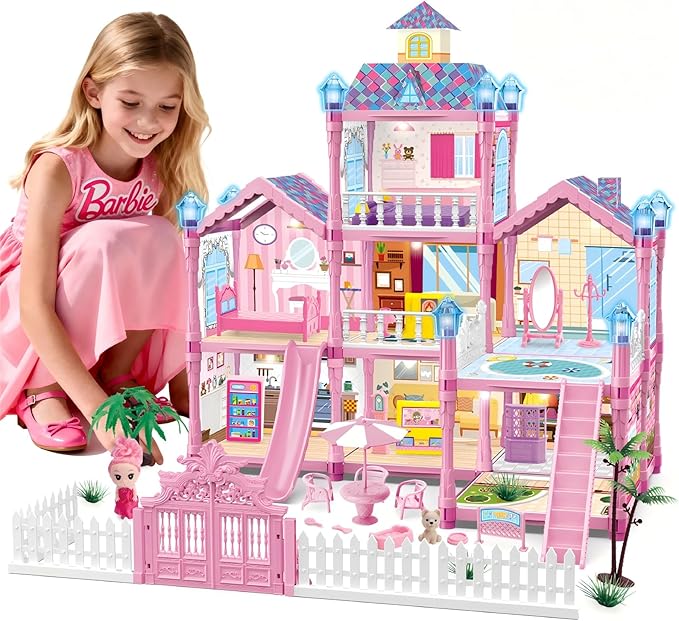 Dollhouse for Girl with 1 Princess, 3 Floors -8 Rooms, 216 Accessories Includes Dog and Furnitures, Design and Build Gift for 3 4 5 6 7 8+ Year Old Girls (Pink)