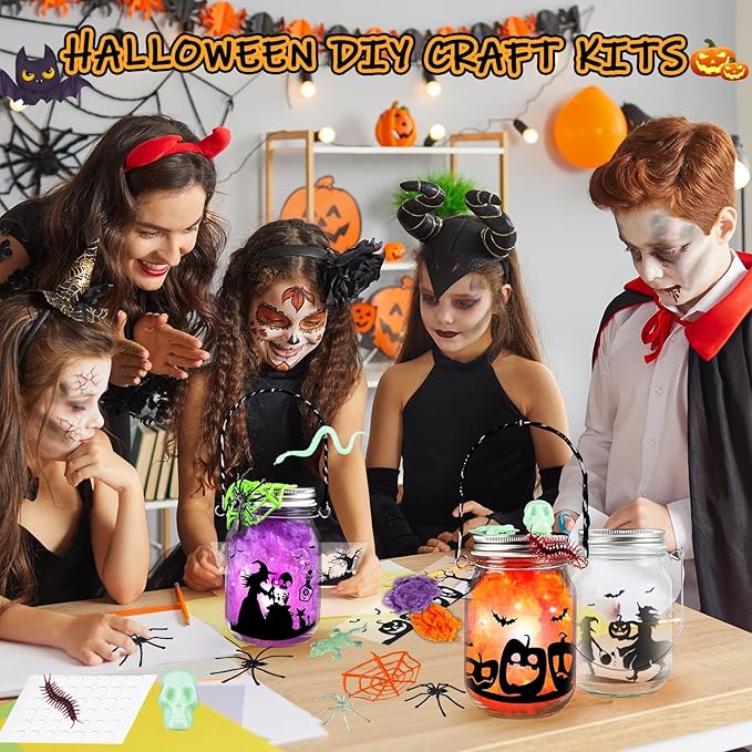 Halloween Craft for Kids,4PCS Halloween Mason Jar Kit with Accessories for Kids DIY,Halloween-Theme Art Activities Supplies Gifts for Kids Aged 4-12,Party Decoration Classroom Trick or Treat