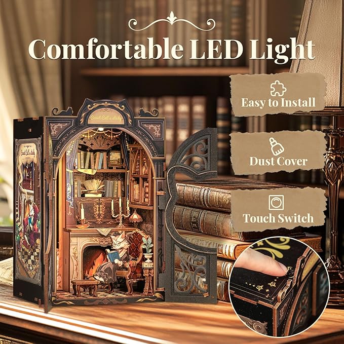 CUTEBEE DIY Book Nook Kit, Miniature House Kits for Adult and Teens, DIY Miniature Book Nook kit with Sensor Led Light, Gifts for Lovers and Family (Count Cat's Study)